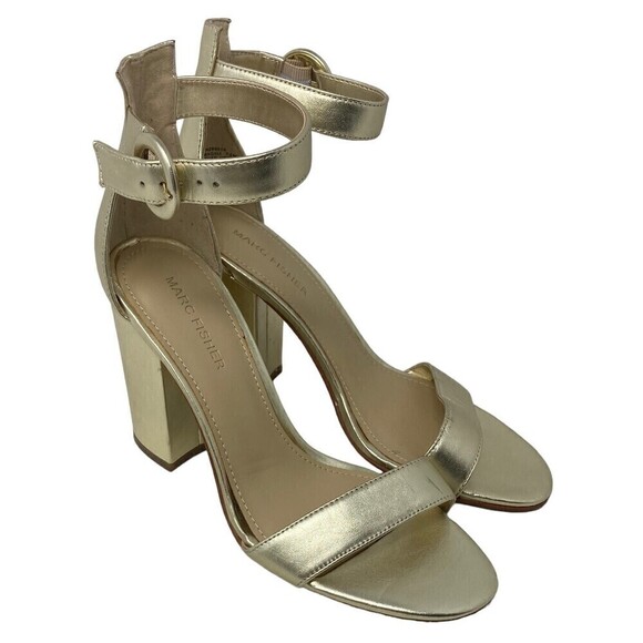 NEW Marc Fisher Magali Heel Size 7.5 M Suede Open Toe Shoe Ankle Strap Gold - Picture 5 of 8